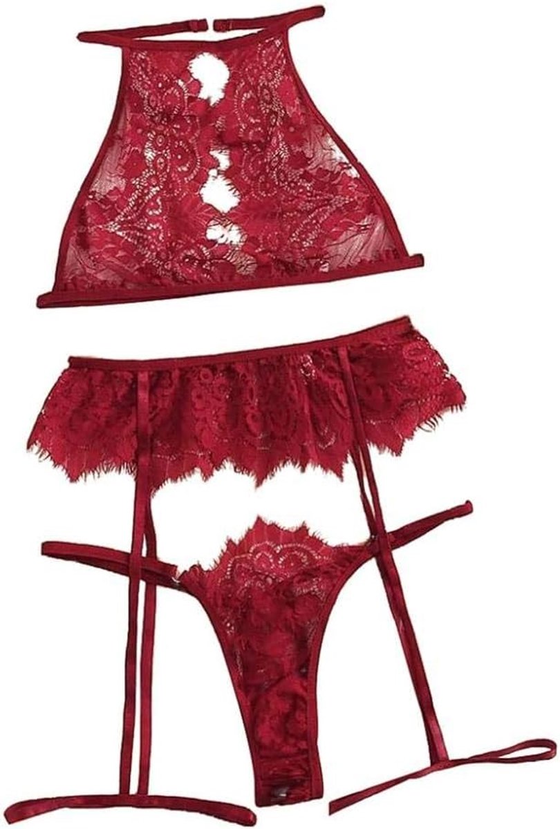 Lingerie Dameslingerie Sexy set kanten Kimono nachtkledingVrouwen Sexy Kanten Beha Holle String Kousenband Nachtkleding Zwarte Lingerie S-XL ondergoed lingerie sexy Set-Red_M
