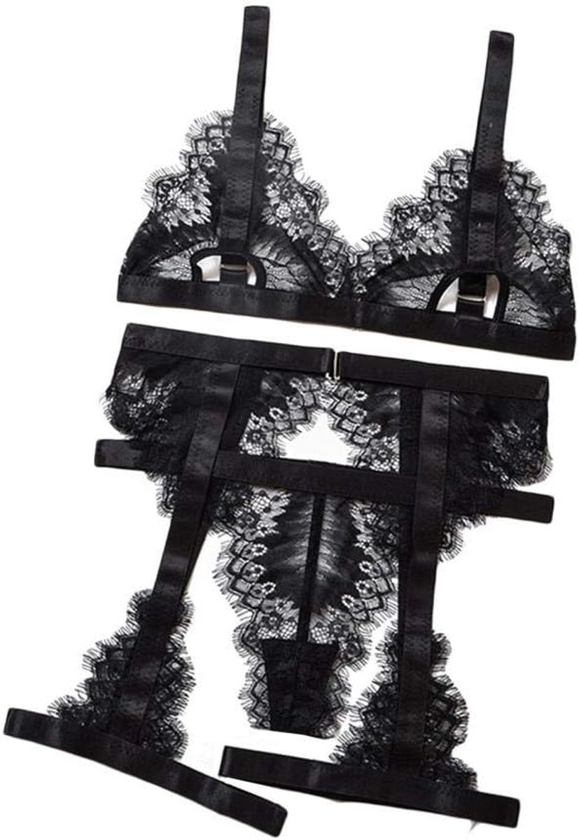 Kimono voor dames kanten robe transparant nachtkleding ochtendjas badjas lingeriesetSexy Lingerie Vrouwen Porno Zwart Wimper Kant V-hals Hol Beha String Ondergoed Dame