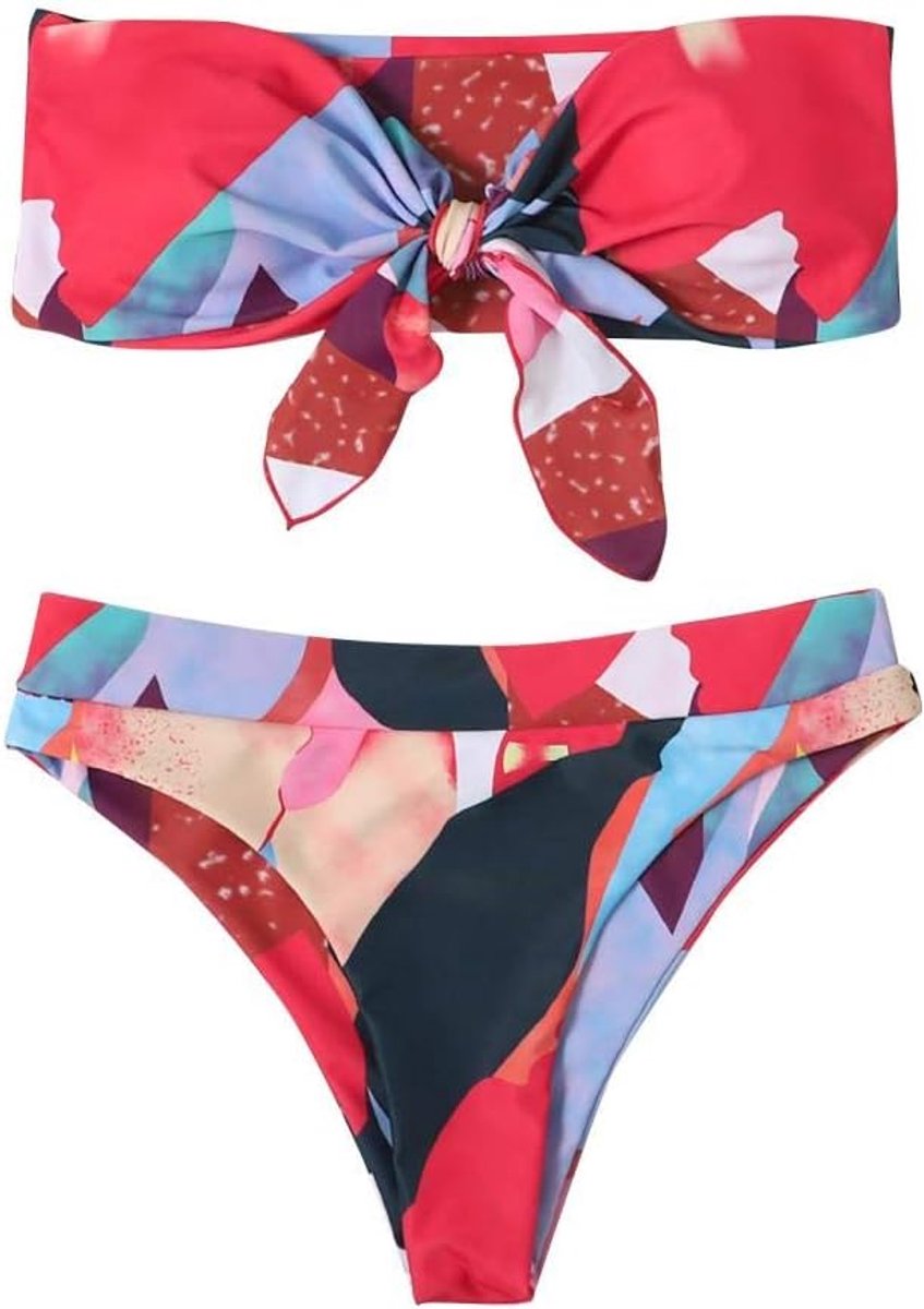 Dameskostuums Patchwork-badpakken Badmode met ruches Dames Sexy riem Kleurprint Strandkleding Grote maten-set -D_S