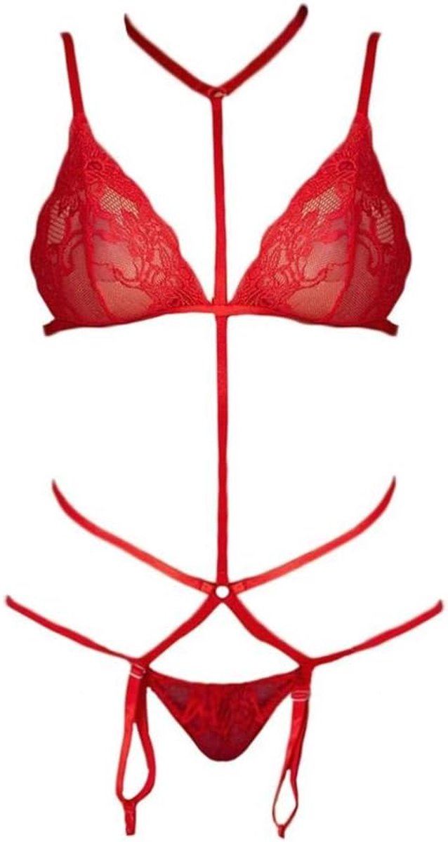 Bodystockings dames Sexy Vrouwen Lingerie Kanten Beha Erotische Porno Ondergoed Kousenband String Verleiding Bondage Transparante Lingerie Set-Red_S