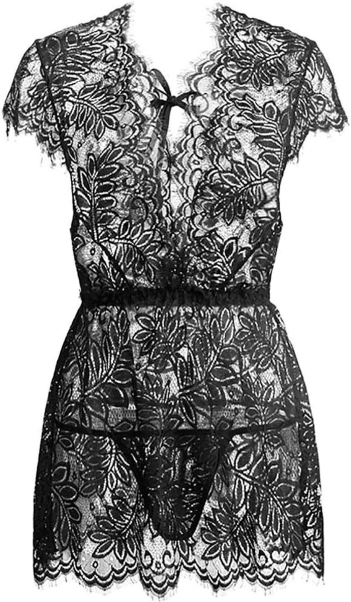 Sexy lingerie dames v-hals doorschijnende kanten kimono lingerie nachthemd ondergoed sexy set negligé jurk met stringSexy Lingerie Dames Zwarte Mesh Kleding Slaap Tops Korte Transparante Chemises Lady