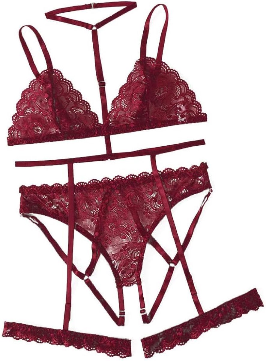 Lingerie Dameslingerie Sexy Lingerie Transparante Bh Slips Kousenband Nachtkleding Vrouwen Hol Kant Kostuum Verleiding Porno Ondergoed