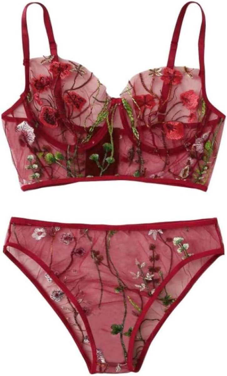 Dameskleding Sexy Vrouwen Kostuums Lingerie G-String Verleiding Borduren Erotische Porno Kanten Beha Ondergoed Lingerie Nachtkleding-Wine_XL