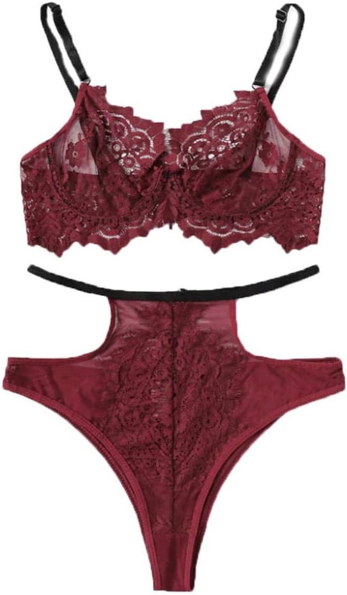 Kleding Dames Ondergoed Uitgehold Kanten Kostuum Lingerie Erotische BH String Nachtkleding Transparant-Red_L
