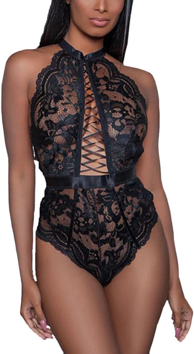 Dames zwart sexy lingerie perspectief halter kanten lijfje S-XL