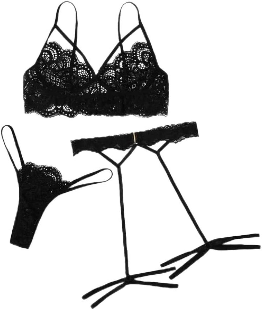 Dameskostuums Dames Sexy Lingerie Set Kanten String Holle Kousenband Zwarte Lingerie Set S-XL-black_L