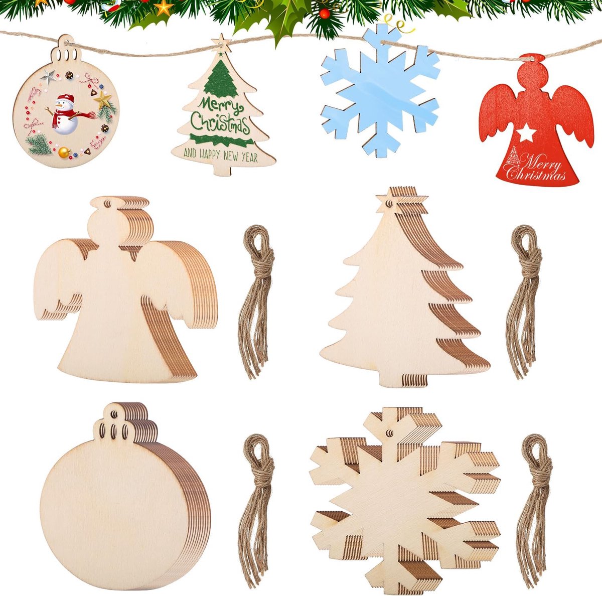 40 stuks houten kerstboomdecoraties, 4 stijlen, houten kerstambachten met 40 stuks touw, houten kerstdecoratie voor doe-het-zelf ambachten, kerstboomdecoratie