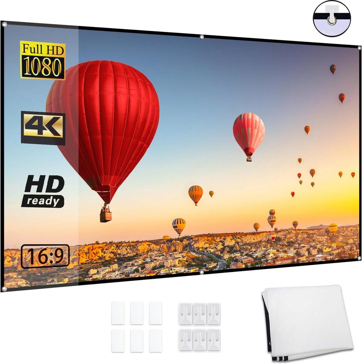 Draagbaar 80 inch HD-projectiescherm in 16:9-formaat, opvouwbaar, robuust projectiescherm voor wandmontage, voor films buitenshuis, thuisbioscoop, kantoor