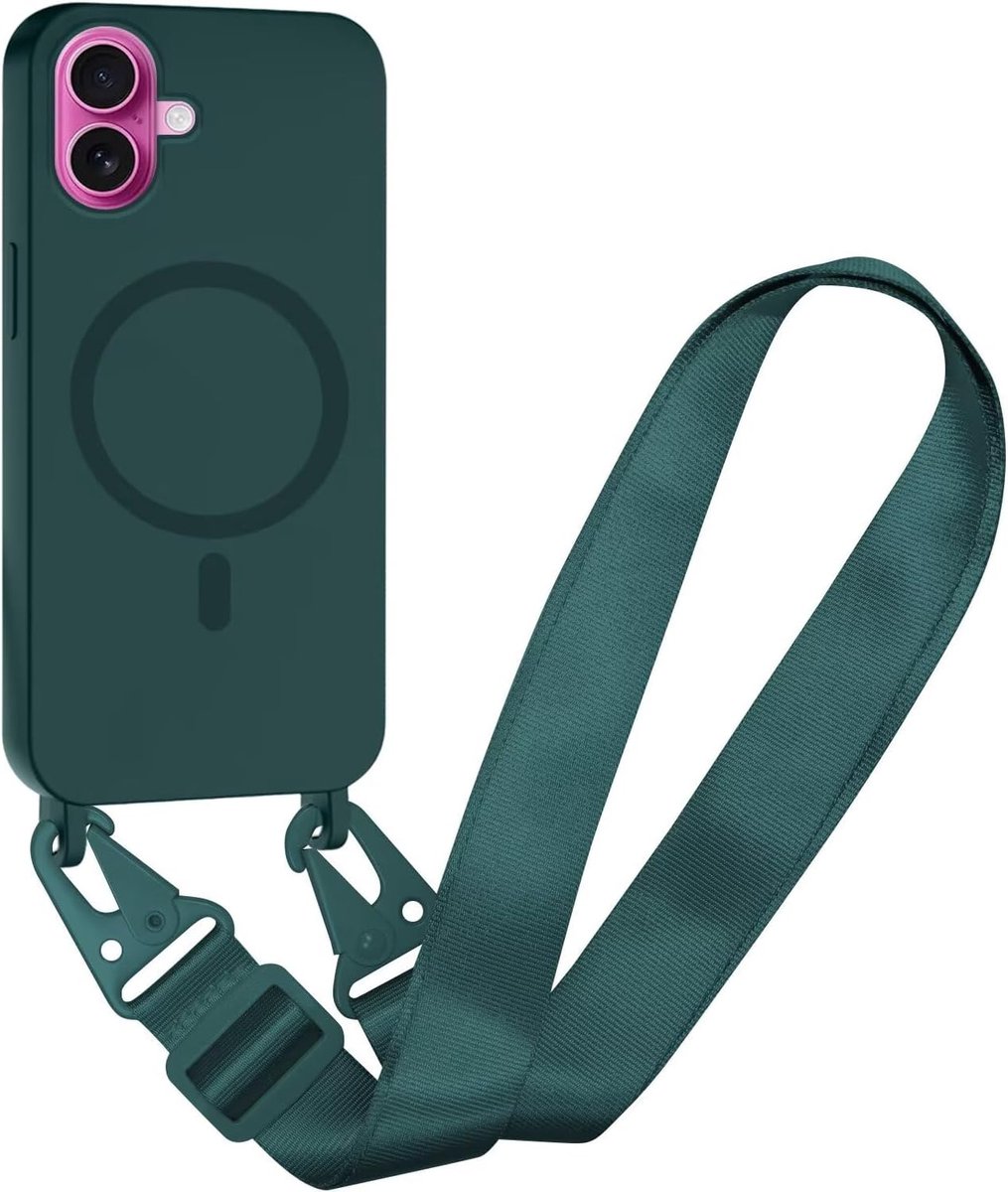 Compatibel met iPhone 16 Plus Draadloos opladen, Schokbestendige Verwijderbare Telefoon Case met Verstelbare Nekoord Ketting Zachte Cover voor iPhone 16 Plus, Donkergroen