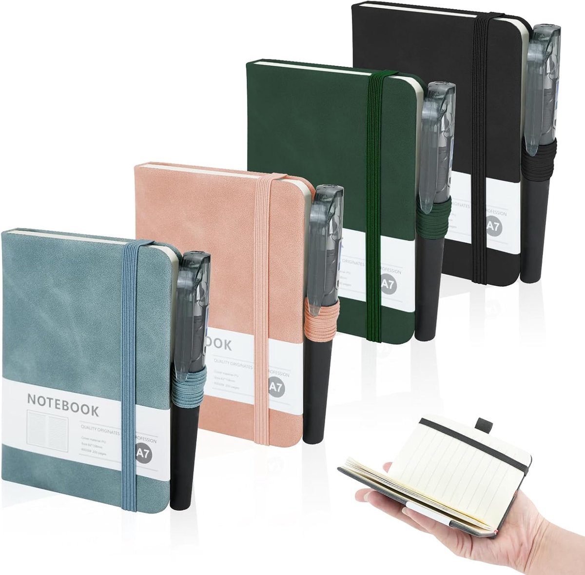 4 stuks zaknotitieboek, klein notitieboek, klein notitieblok met pen, notitieboek A7, gelinieerd met elastiek, mini-notitieboeken voor school, kantoor, dagboeken, 200 pagina's