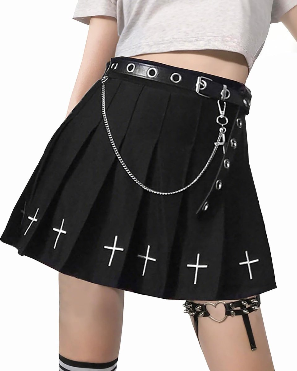 Minirok voor dames, zwart, plooirok, gothic, kleding, mini-rok, zomerrok met riem en ketting