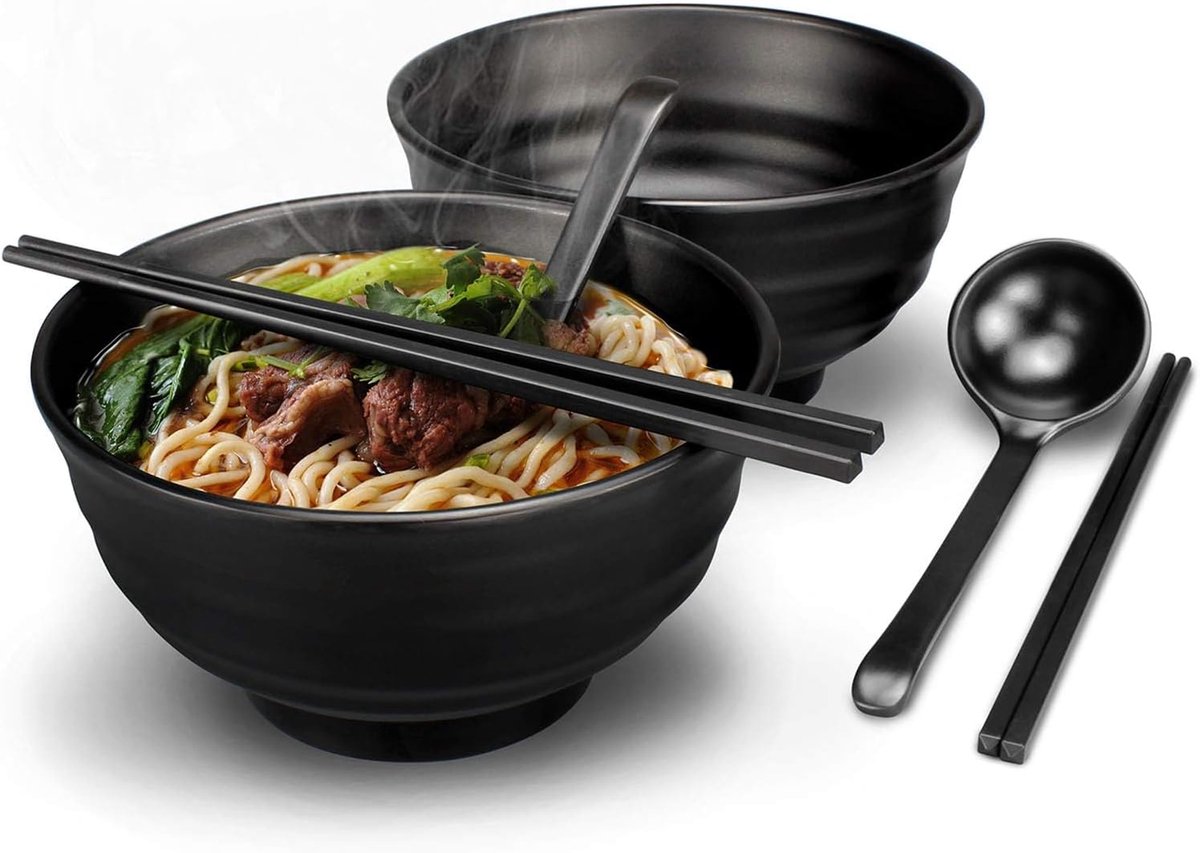 Ramen Graankommen, 1000 ml Grote Komsets van 2, 1300 ml Japanse Keramische Noedelkommen (met lepels, eetstokjessets), Plastic Saladeschaal, Niet-magnetronbestendige kommen voor keuken en