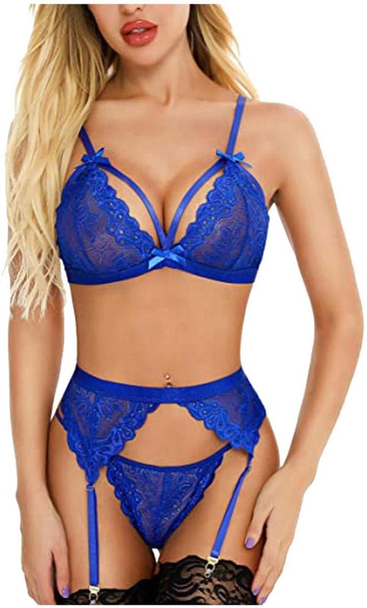 Dameskostuums Dames Lingerie Sexy Kostuum Hol Kanten Beha Slips Kousenband Ondergoed Nachtkleding-Blue_L