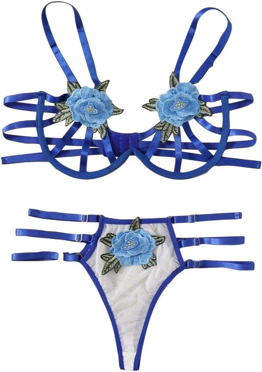 Dameskostuums Vrouwen See Through Kanten Beha G-string Sexy Ondergoed Erotische Lingerie Verleiding Porno Nachtkleding Kostuum Embroidery-Blue_S