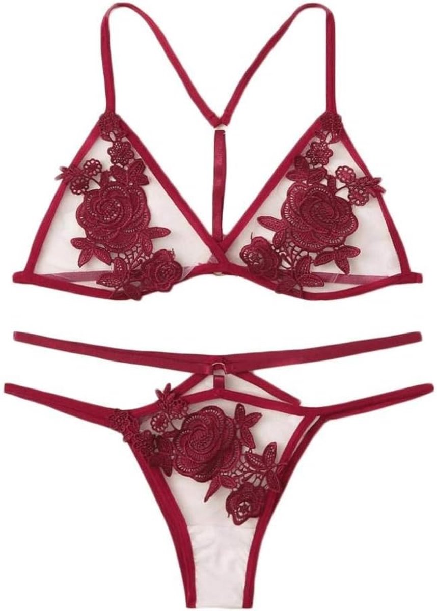 Lingerie Dameslingerie Erotische Lingerie Sexy Kostuum Vrouwen Kanten Beha String Nachtkleding Porno Lingerie Borduren Hol Ondergoed-Red_XL