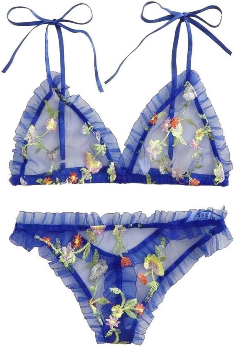 Lingerie Dameslingerie Vrouwen See Through Bra G-String Nachtkleding Sexy Lingerie Hol Kanten Kostuum M-2XL-Blue_XXL