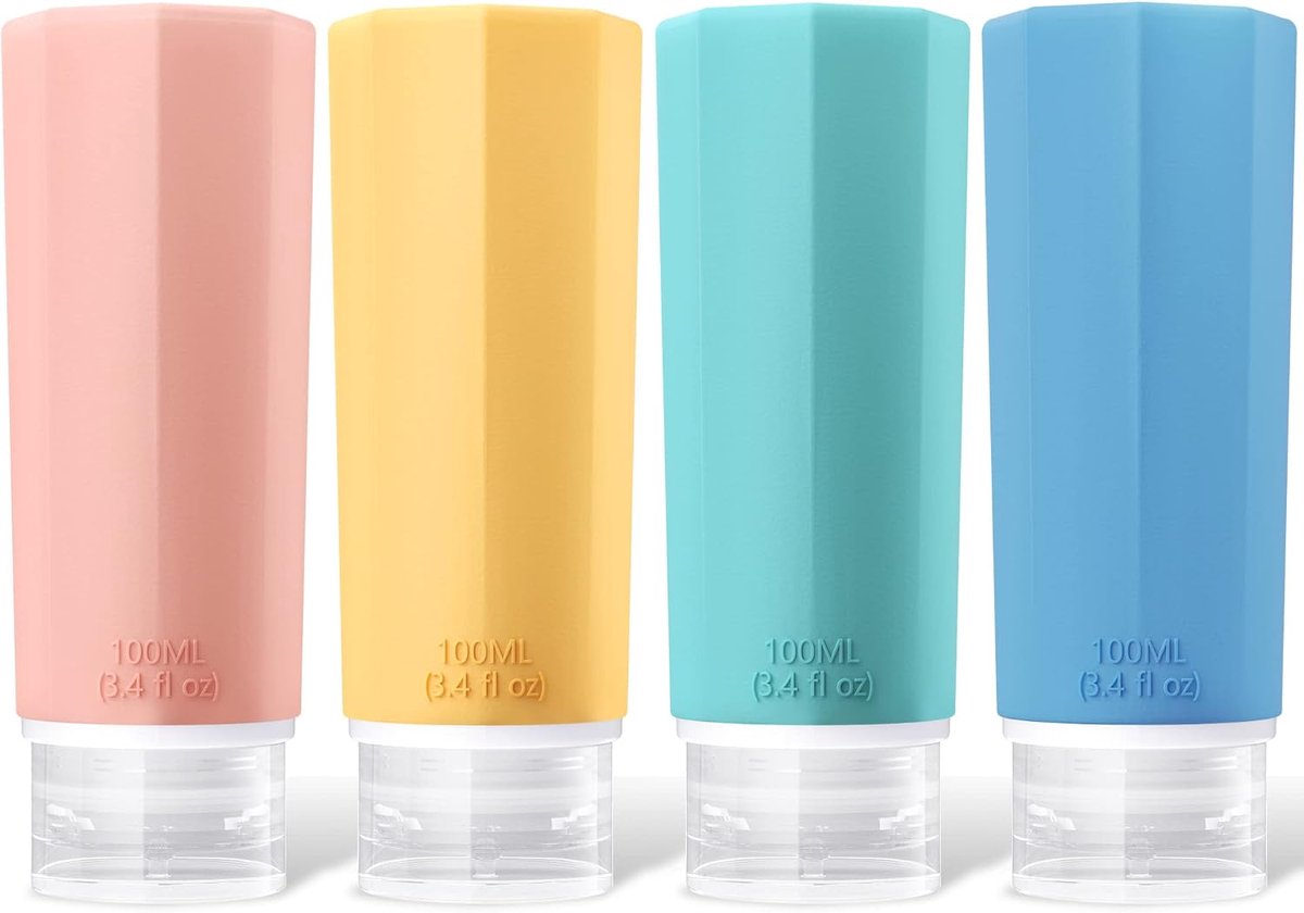 Set van 4 siliconen reisflessen, 100 ml, reisflessen om te vullen, cosmetica, shampoo, vloeistoffen, lekvrij, navulbare lege reisset, reisformaat, containers, reisflessenset, reisset