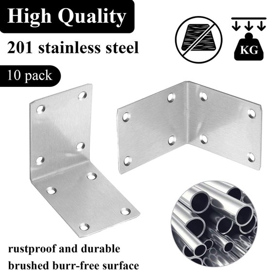 10 stuks haakse beugels voor hout, 50 x 70 x 70 mm, 90 ° hoekbeugel, zwaar belastbare gegalvaniseerde staalplaat L Brace Connector Joint voor kleine doe-het-zelf meubels fixatie tafel plank — afbeelding 4