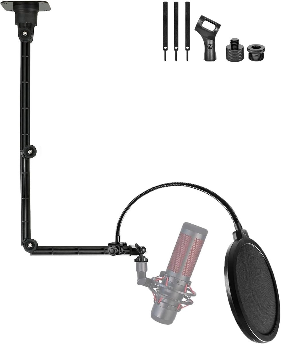 SnelShoppen - Plafond- en Wandmontagemicrofoonhouder voor Gaming, Streaming, Podcasts, Compatibel met XLR en USB Microfoons, Inclusief 1/4-20, 3/8-16
