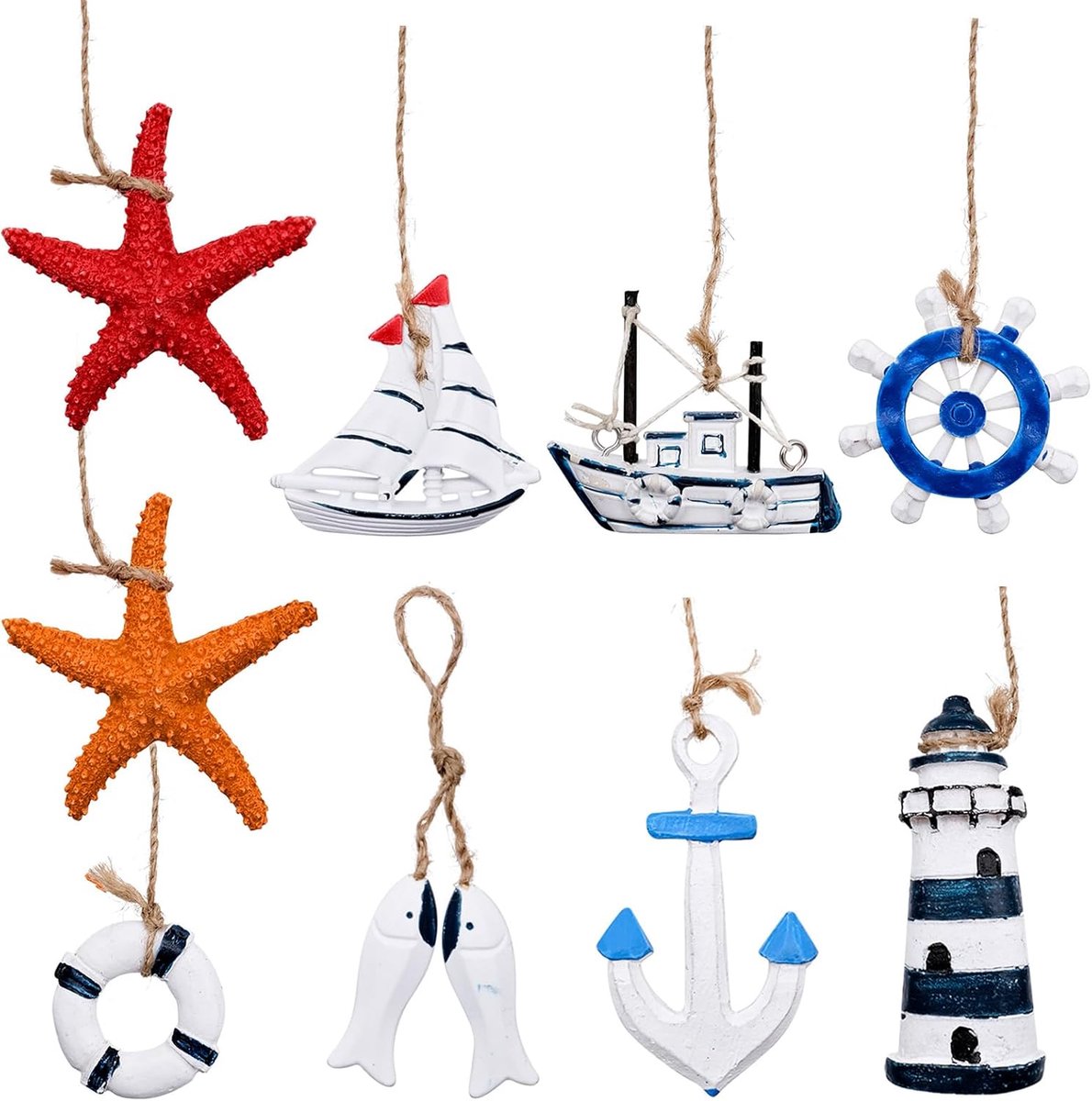 9 Pieces Marine Pendants Decoration Small Fishing Net Wall Decorative Hangers Sea Hanging Anchor Miniature Life Ring - ShopVlot
