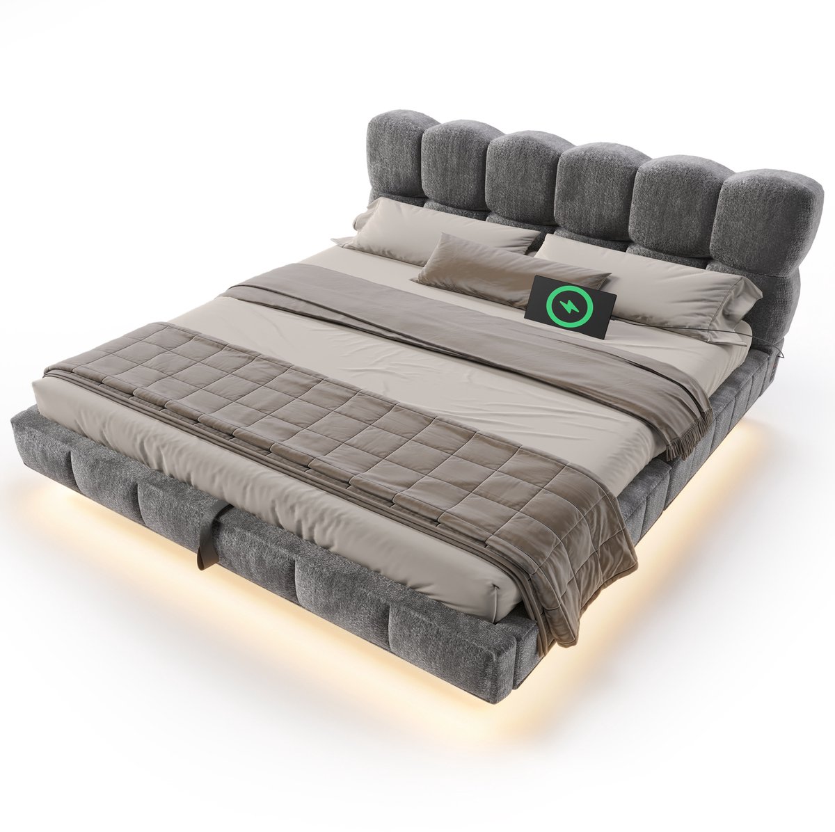 DESMIU Gestoffeerd Bed 140x190 cm – Tweepersoonsbed Met Hydraulische Opbergruimte – LED, USB En Type-C – Chenille – Zonder Matras – Grijs