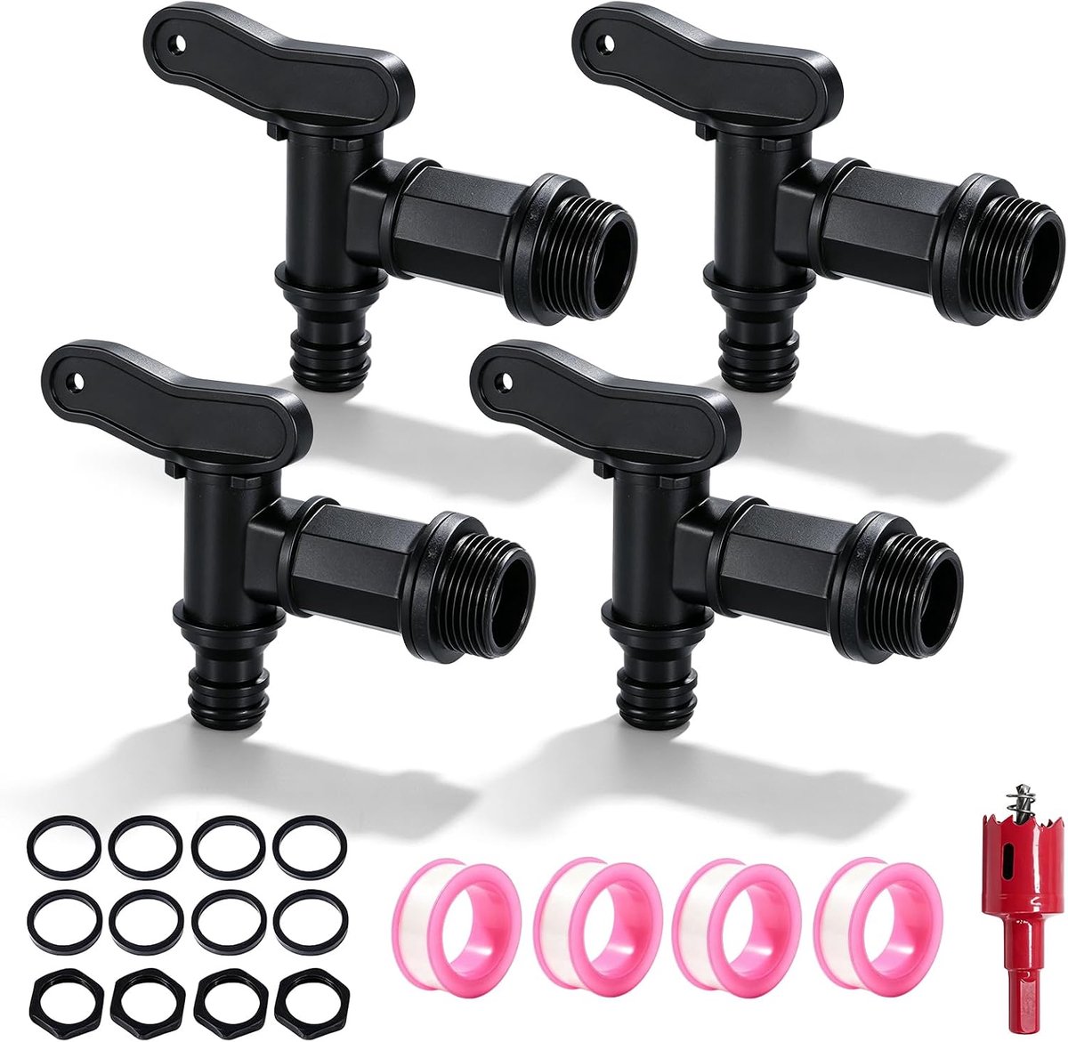 4 stuks afvoerkraan voor regenton, 3/4 inch kraan, regenton met afdichting, contramoer, afdichtband, regenton, kraan - ShopVlot