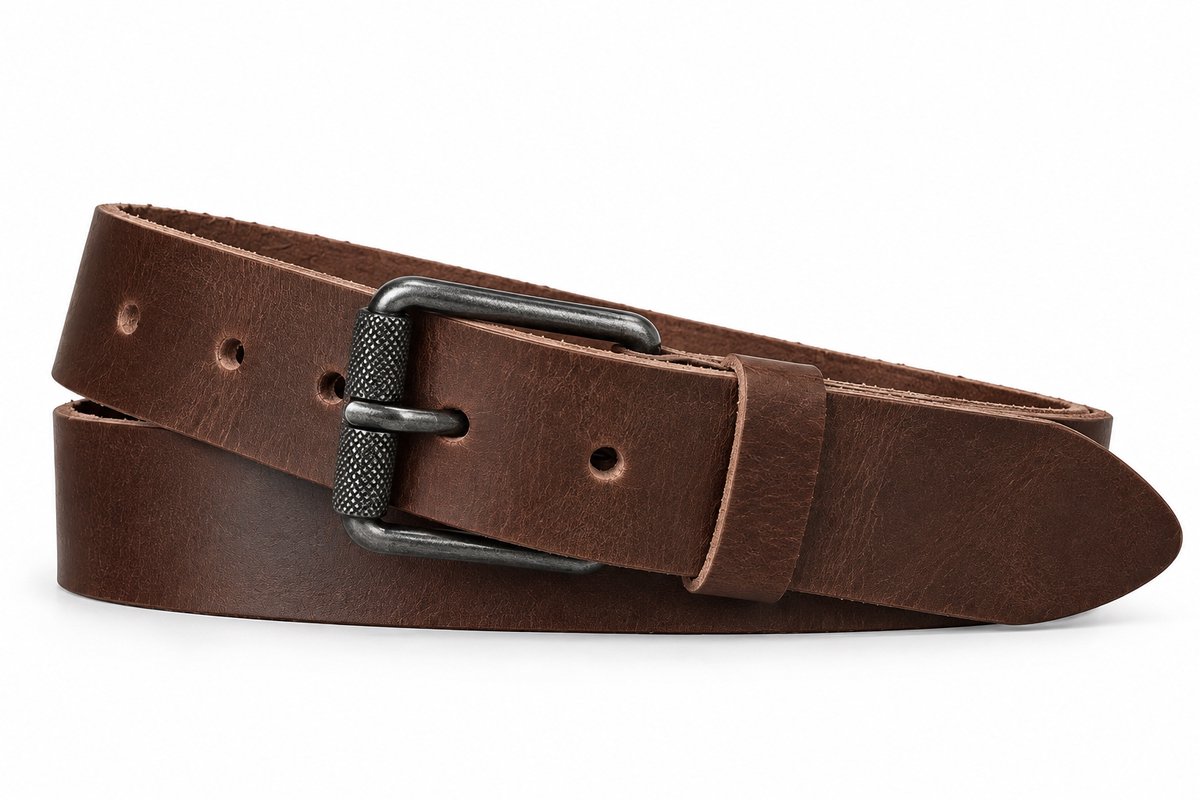 Bruine Leren Riem 4 cm – Buffelleer – Dames & Heren – Donkere Rolgesp - Maat 115 (totale lengte 130)