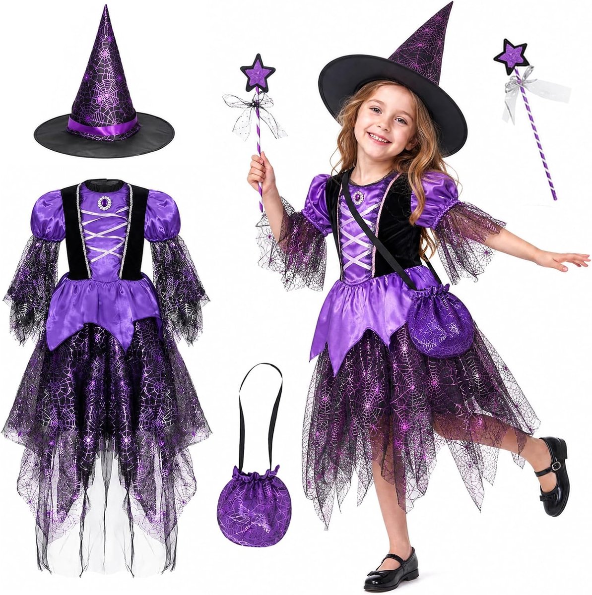 Heksenkostuum voor meisjes, Halloween-kostuum met hoed, toverstaf en tas