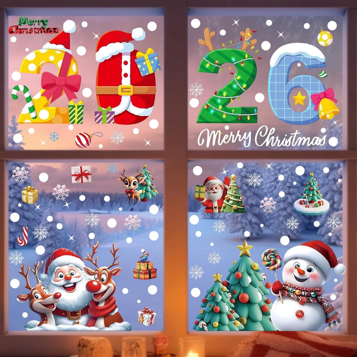 Kerstmis 2026, 7 stuks, pvc, 215 elementen, dubbelzijdige kerststickers voor ramen, 20 x 30 cm, 7 stuks
