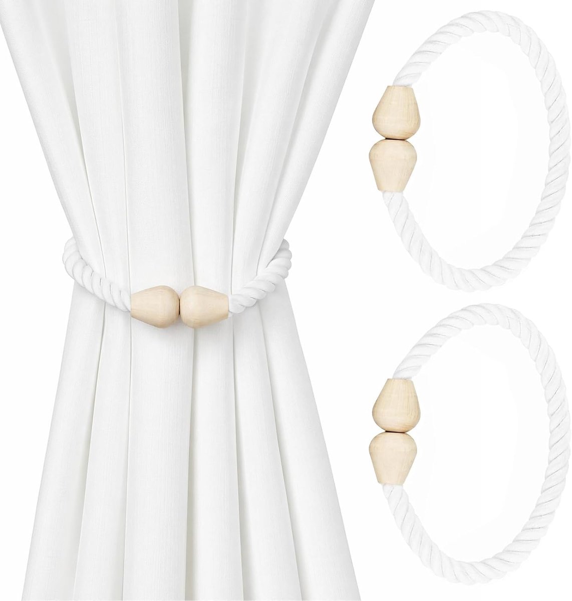 Set van 2 magnetische gordijnhouders van katoen, wit