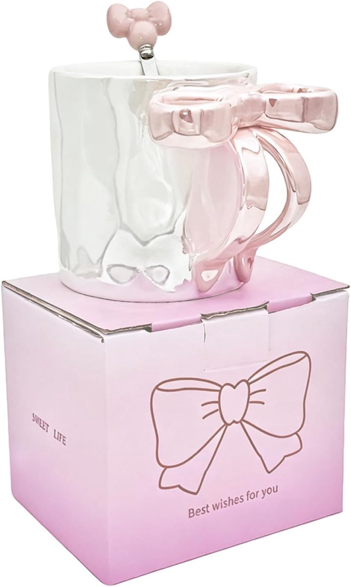 Mok met strik, 350 ml, elegante mok met strik en handvat, mok met strik en lepel, betoverende mok met strik, voor vrouw, vriendin, mama, collega, vaatwasmachinebestendig (roze)