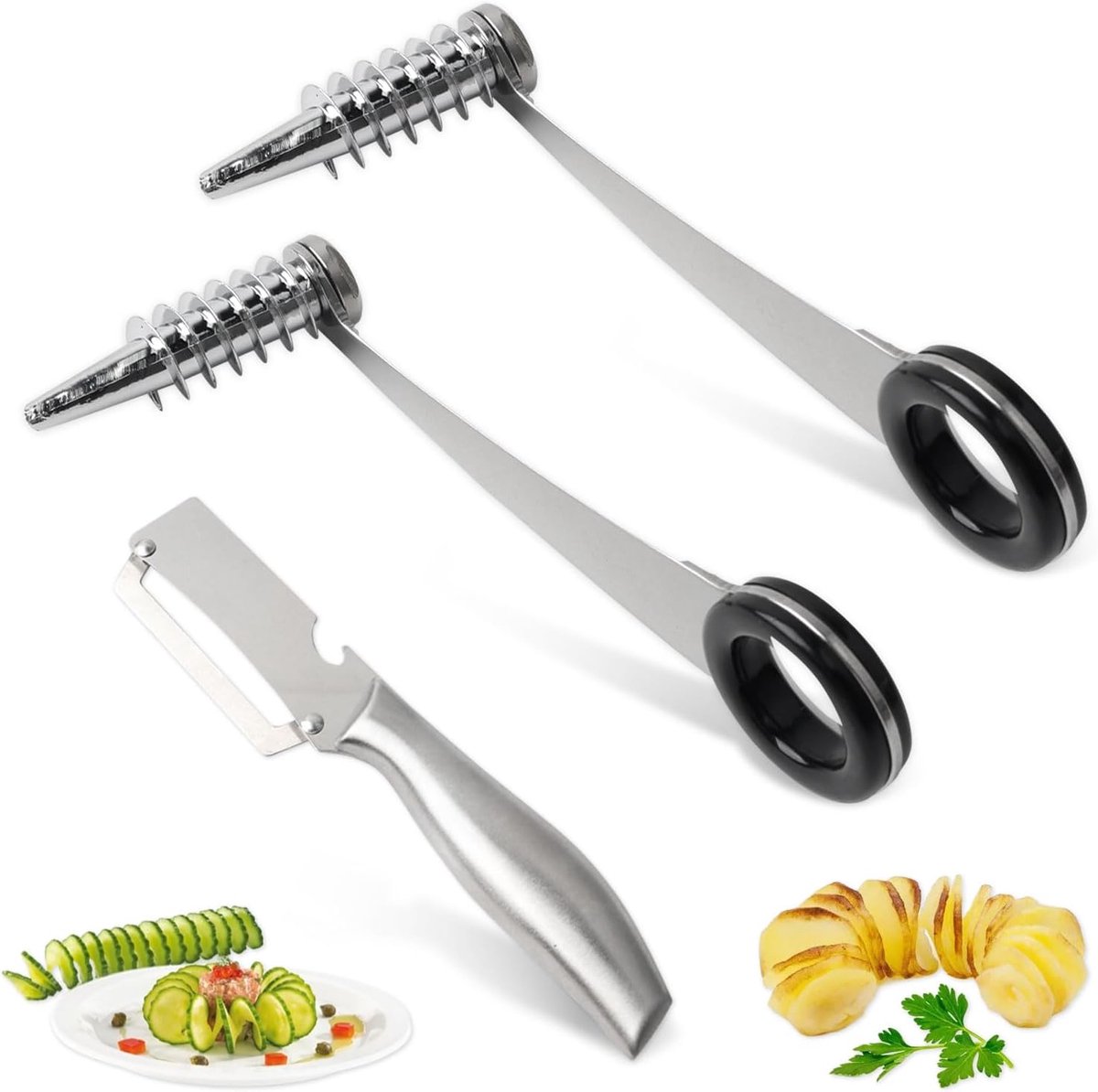 Set van 2 spiraalsnijders van roestvrij staal, handmatige aardappel- en groentespiraalsnijder, 1 dunschiller, voor wortels en appels, ideaal voor Zoodles, gezonde snacks en creatieve