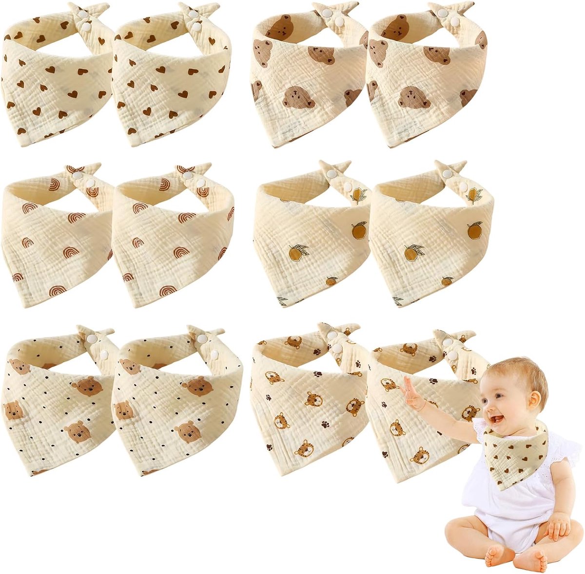 Slabbetjes voor baby's, 12 stuks, mousseline halsdoek, babyslabbetje, slabbetje voor zuigelingen, jongens, meisjes, uniseks, verstelbare knopen