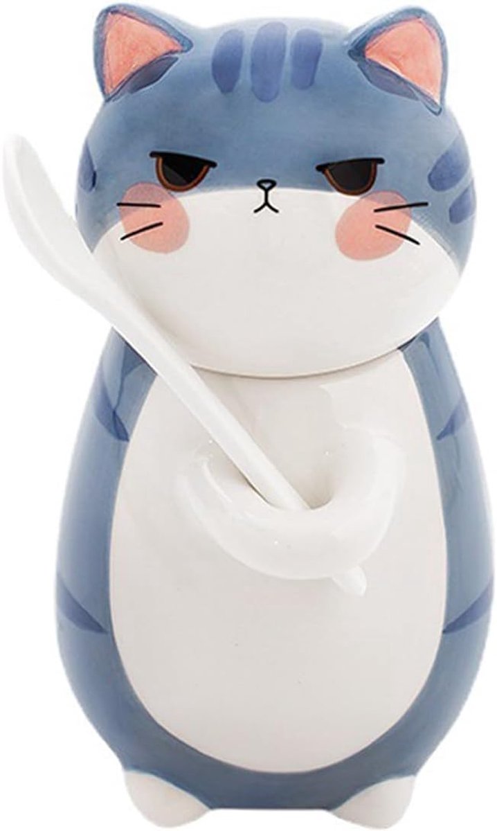 Kattenmok met lepel en deksel, koffiemok, schattige mok, kan worden versierd met een zeer schattige 3D-mok, voor koffie, melk, dranken, pap, keramiek, 300 ml, blauw