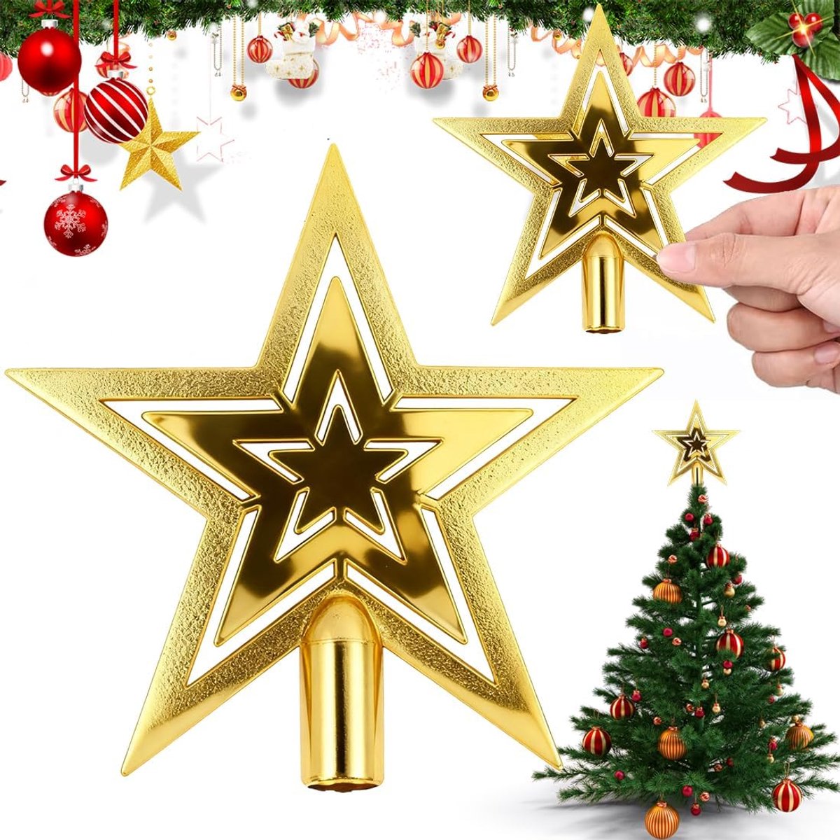 Ster versiering, glanzende kerstboomtoppen voor kerstboomversiering, sterpunt voor kerstboom, kerstboompiek voor elke boompiek, boompiek, kerstdecoratie