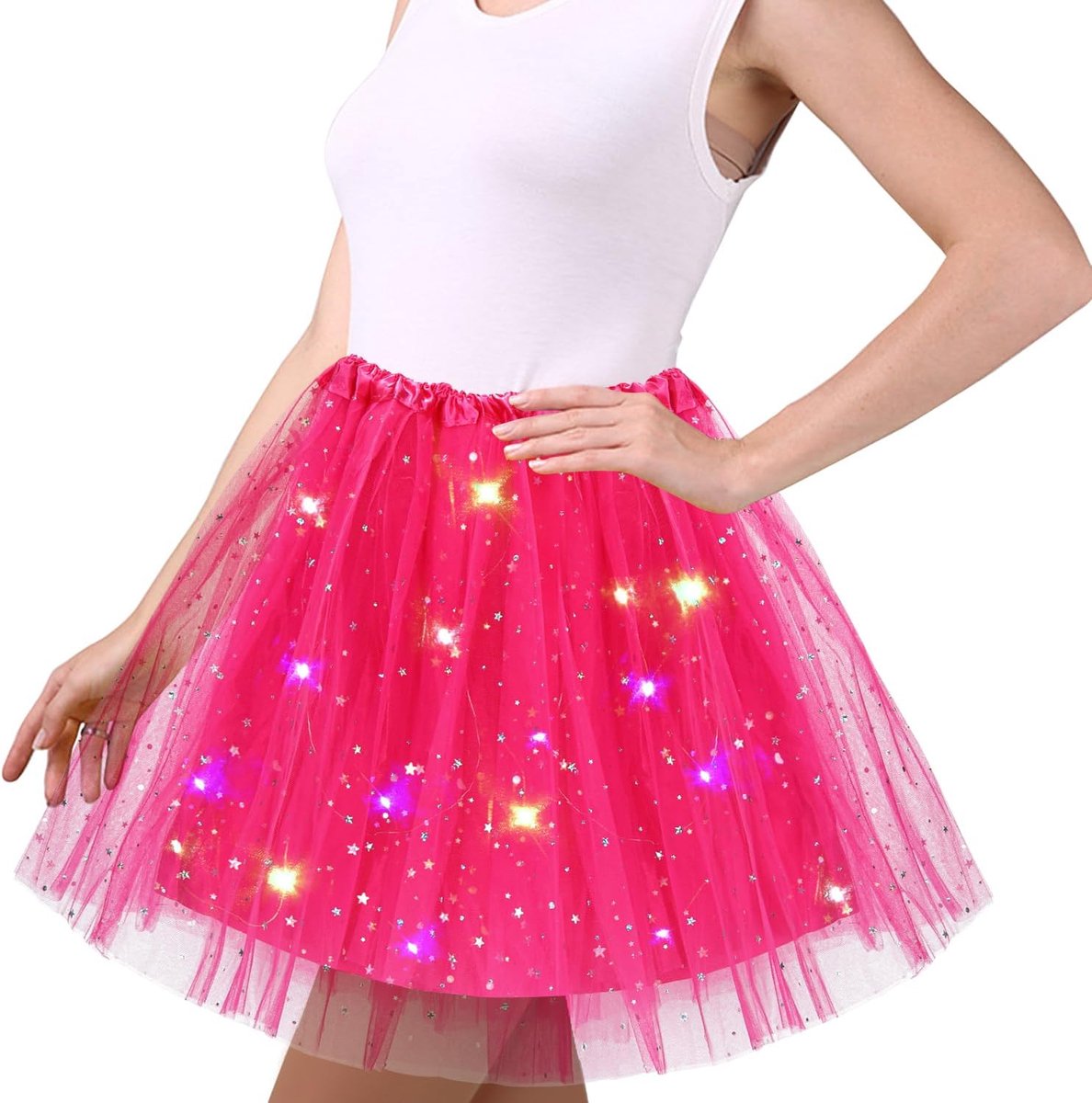Tule rok voor dames, sterren, pailletten, dansjurk, stretchy minirok met ledverlichting, 45 cm, balletrok voor volwassenen, carnaval, Halloween, party, balletjurk voor tieners