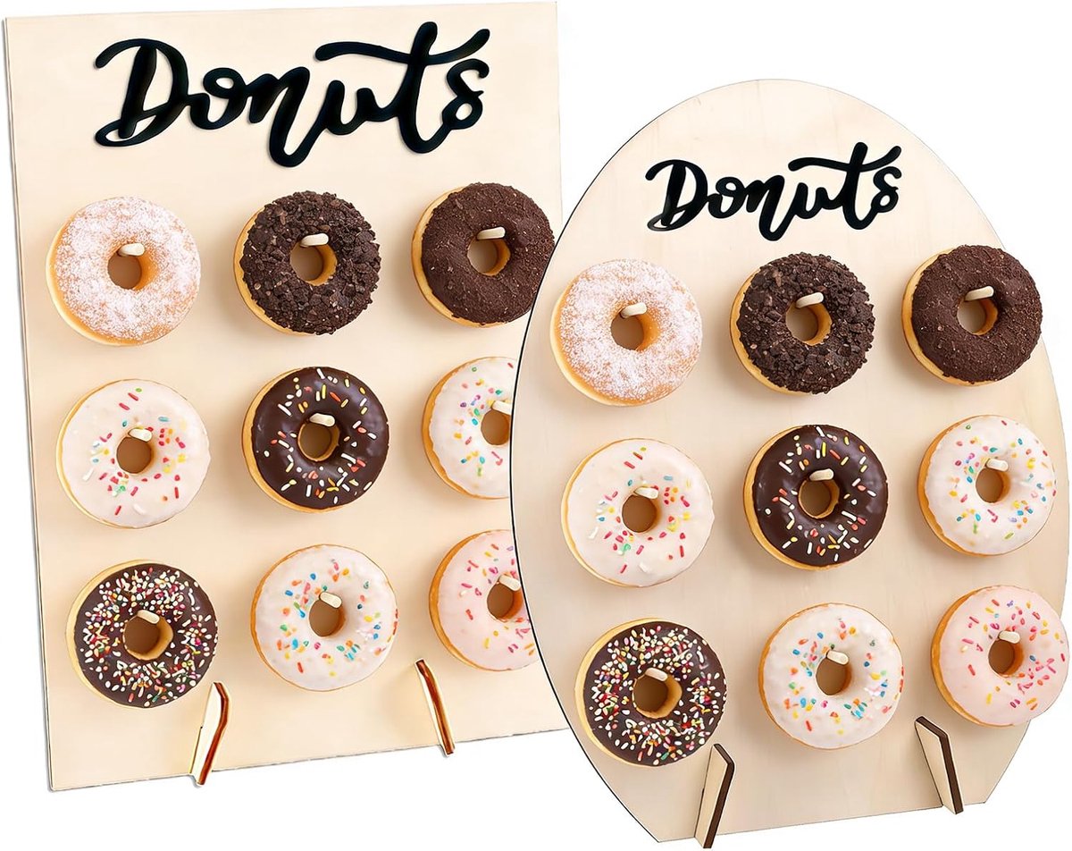 2 stuks, 9 gaten, houten donuthouder, ovaal en rechthoekig, bageldonutstandaard, herbruikbare donutstandaard voor bruiloft, verjaardag, feestdecoratie, eenvoudig aan te brengen