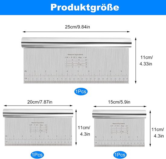 3 stuks deegschrapers roestvrij staal, anti-aanbak, deegkaart roestvrij staal, 15/20/25 cm deegsnijder met meetschaal, groenteschep, keukenschraper voor cake, pizza, cake, cake, cake, deeg, bakgerei — afbeelding 2