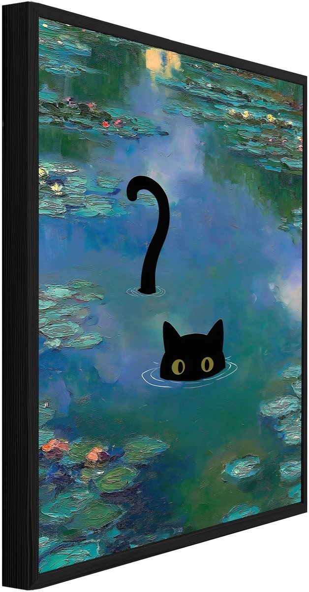 WALLARENA Schilderij met reliëf 40x30 cm - zwarte lijst - kat met waterlelies in Monet-stijl - woonkamer en slaapkamer Blauw