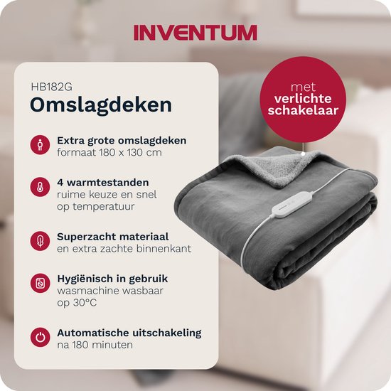 Grijze elektrische deken van Inventum met op de voorgrond de controller met verlichte schakelaar.