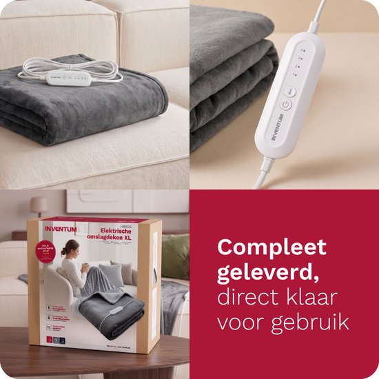 Collage van vier afbeeldingen: de elektrische deken op een bank, de controller, de verpakking en de deken opgevouwen.