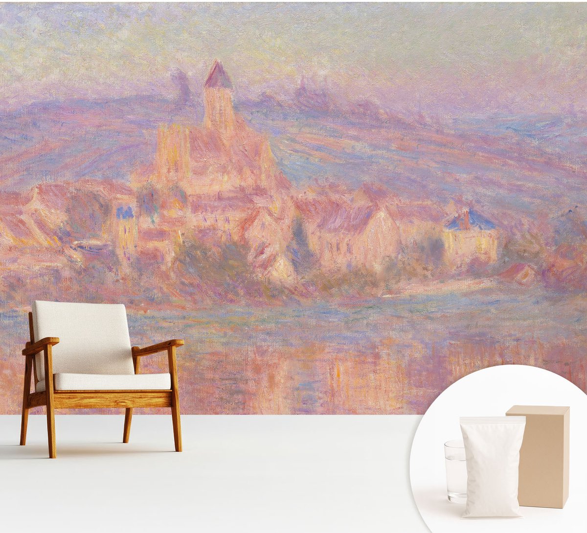 Wallfluent Fotobehang - Paars Vliesbehang - 312x219 cm - Een Charmant Stadje Muurschildering - Slaapkamer behang Landschappen - Fotobehang Vlies - Gang behang