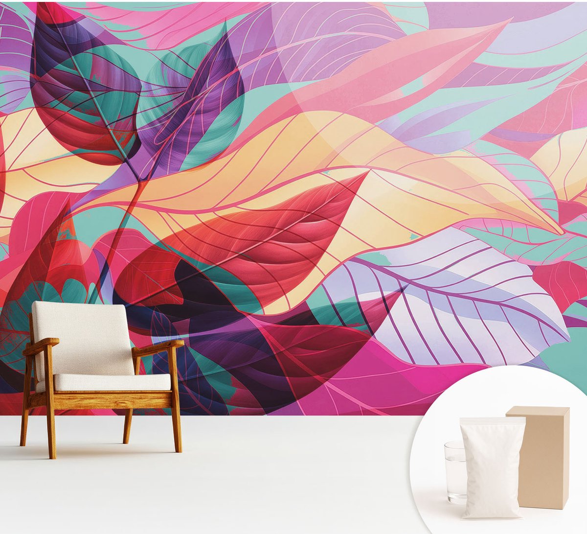 Wallfluent Fotobehang - Zwart Vliesbehang - 312x219 cm - Abstracte Bladeren Fotobehang Vlies - Woonkamer behang Bloemversiering - Muurschildering - Hal behang