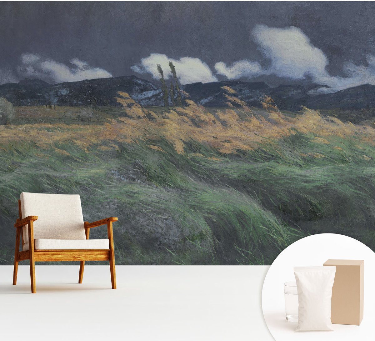 Wallfluent Fotobehang - Grijs Vliesbehang - 312x219 cm - Door De Wind Meegevoerde Grassen Muurschildering - Slaapkamer behang Landschappen - Fotobehang Vlies - Slaapkamer behang
