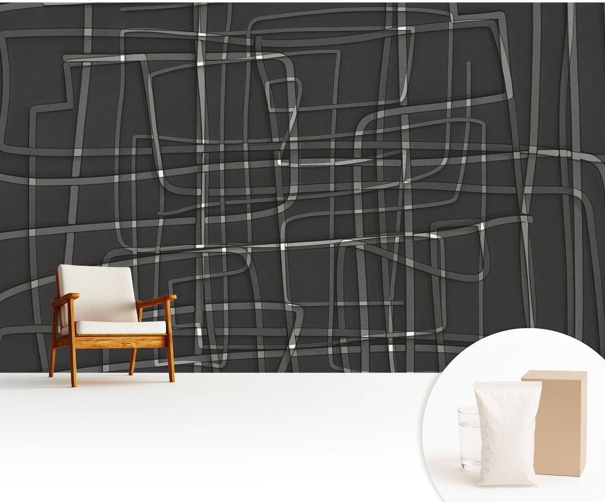 Wallfluent Fotobehang - Zwart Vliesbehang - 416x254 cm - Abstracte Lijnen Fotobehang Vlies - Hal behang Abstractie - Muurschildering - Woonkamer behang