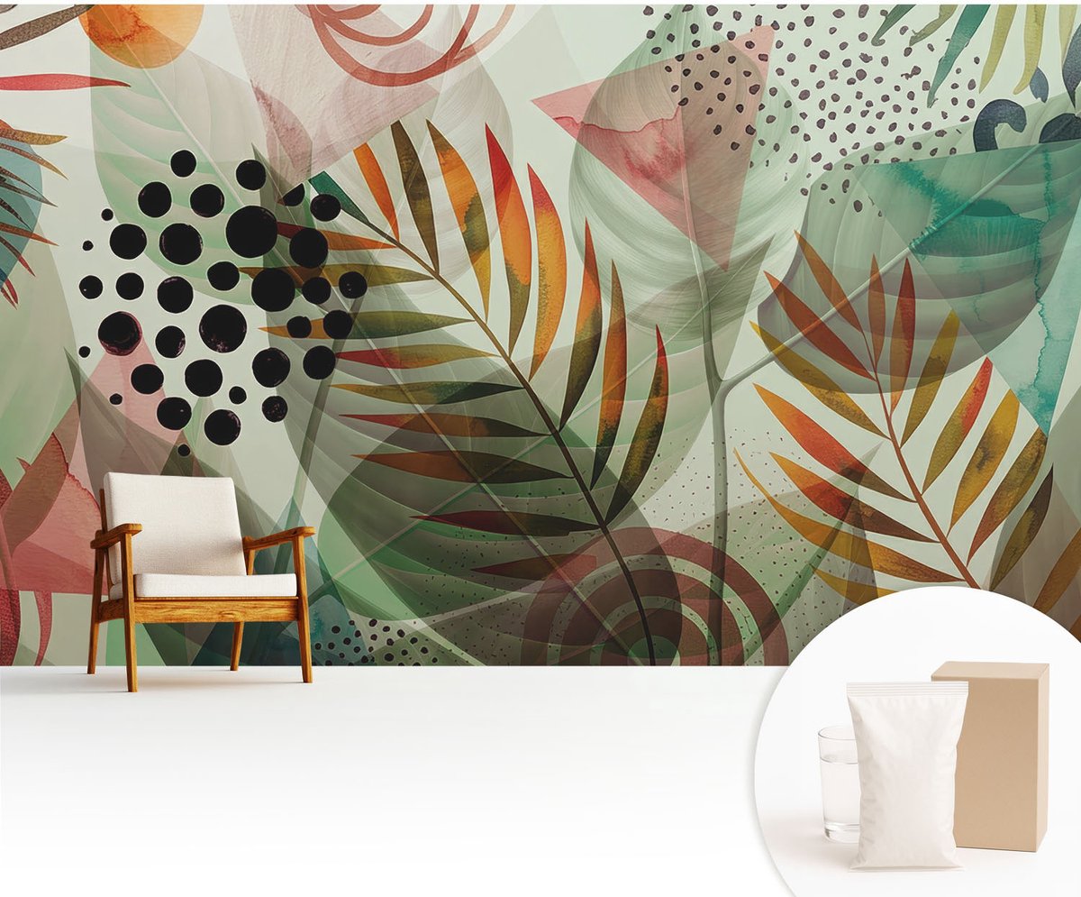 Wallfluent Fotobehang - Groente Vliesbehang - 416x254 cm - Abstracte Bladeren Fotobehang Vlies - Hal behang Bloemen En Planten - Muurschildering - Woonkamer behang