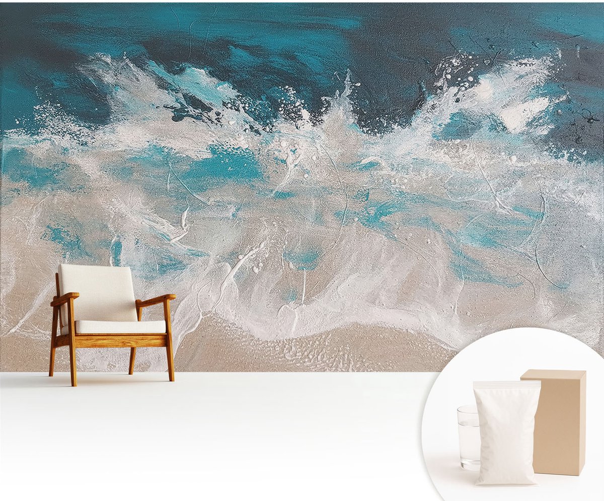 Wallfluent Fotobehang - Blauw Vliesbehang - 416x254 cm - Oceaangolven Muurschildering - Slaapkamer behang Deel - Fotobehang Vlies - Slaapkamer behang
