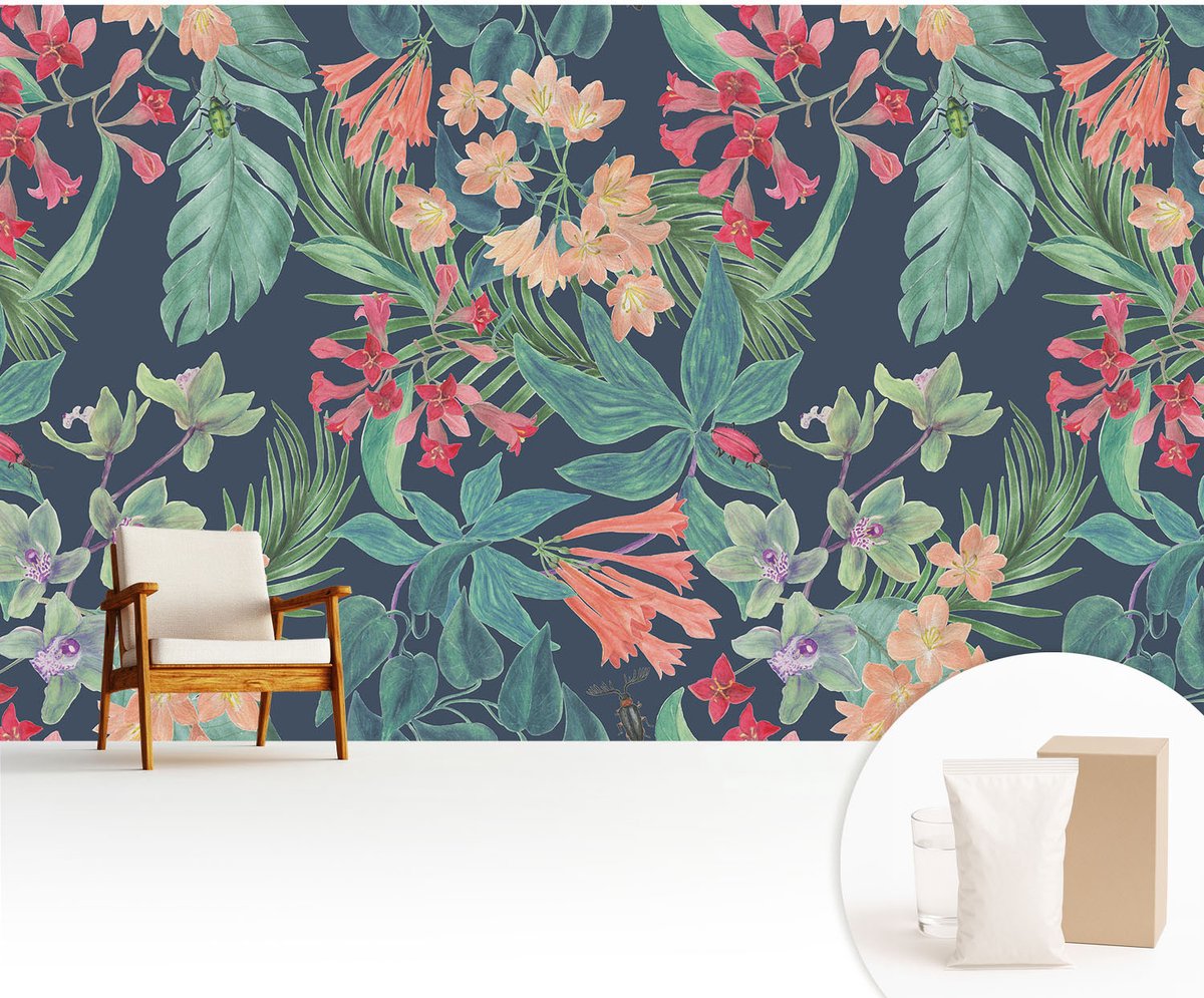 Wallfluent Fotobehang - Marine Vliesbehang - 416x254 cm - Tropische Bloemen Muurschildering - Slaapkamer behang Bloemen En Planten - Fotobehang Vlies - Slaapkamer behang