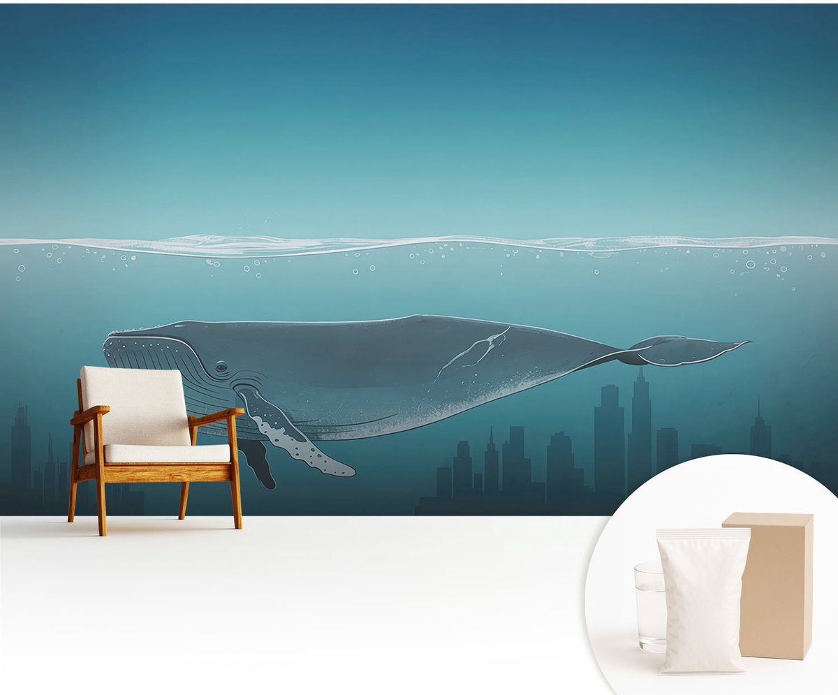 Wallfluent Fotobehang - Blauw Vliesbehang - 416x254 cm - Waterharmonie Muurschildering - Slaapkamer behang Dieren - Fotobehang Vlies - Slaapkamer behang