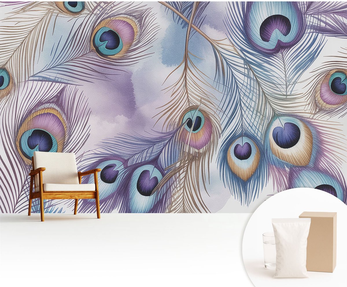 Wallfluent Fotobehang - Paars Vliesbehang - 416x254 cm - Pauwenveren Fotobehang Vlies - Woonkamer behang Abstractie - Muurschildering - Woonkamer behang